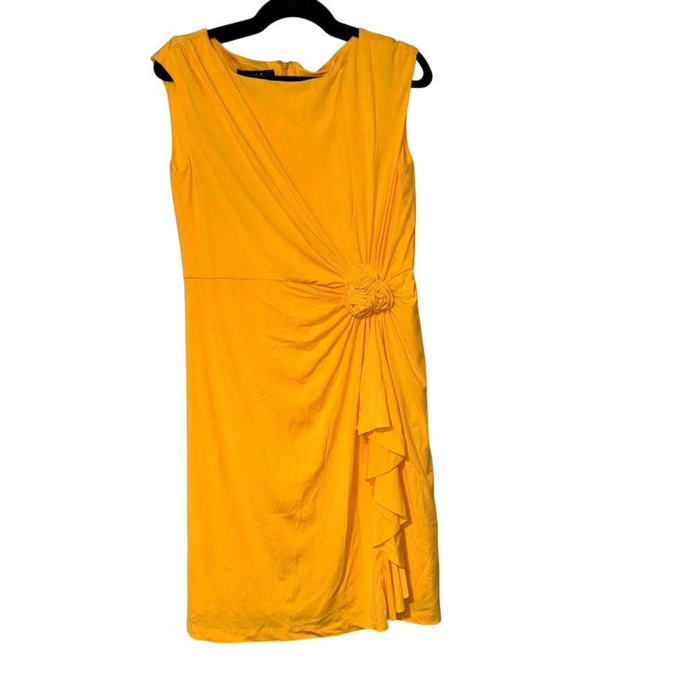 Midnight Velvet Rosette Ruffle Sheath Dress Womens 10 Yellow Polyester Spandex